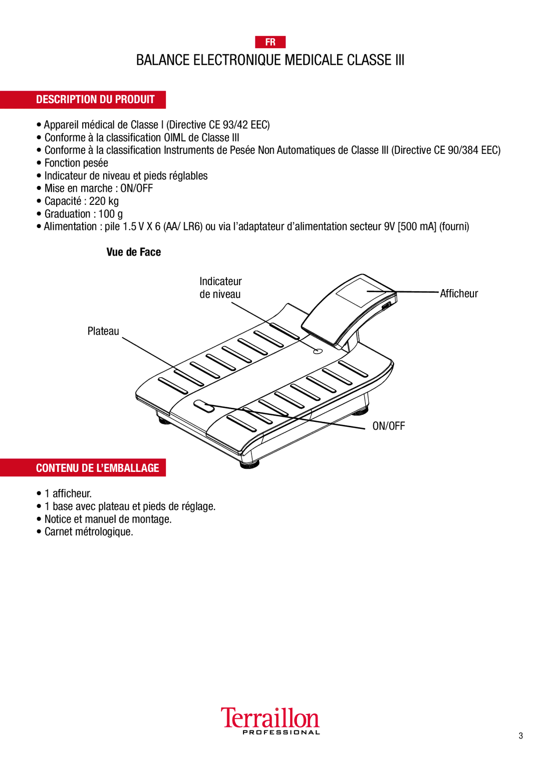 Terraillon TPRO5100 manuel dutilisation Description DU Produit, Contenu DE L’EMBALLAGE 