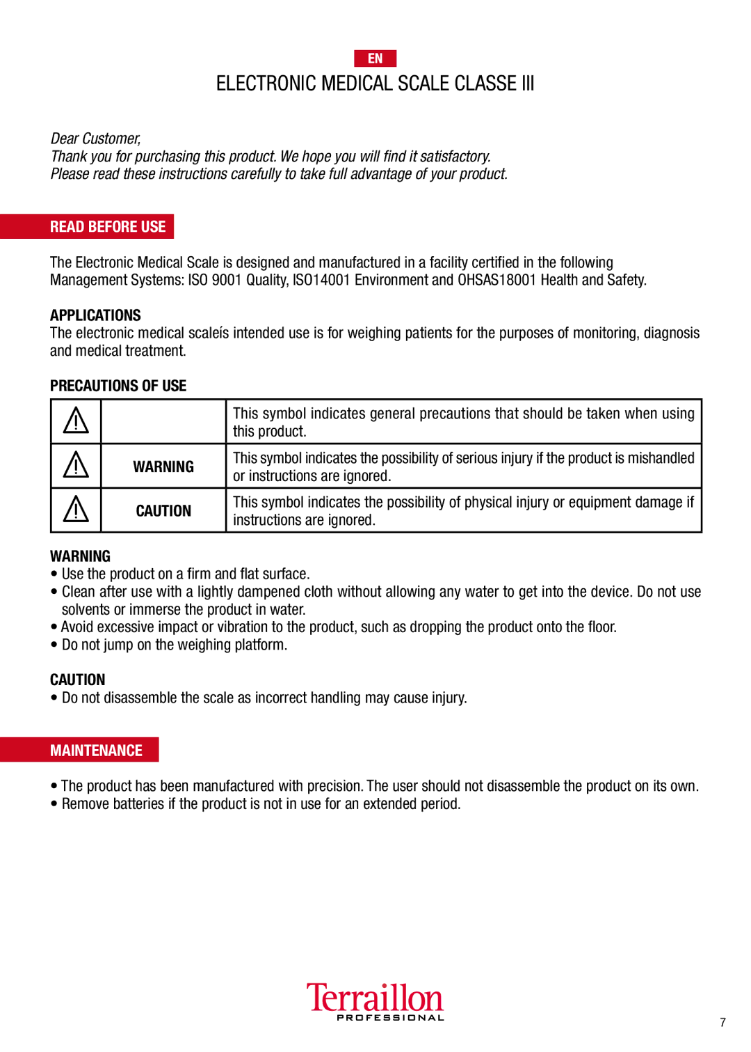 Terraillon TPRO5100 manuel dutilisation Read Before USE, Precautions of USE, Maintenance 