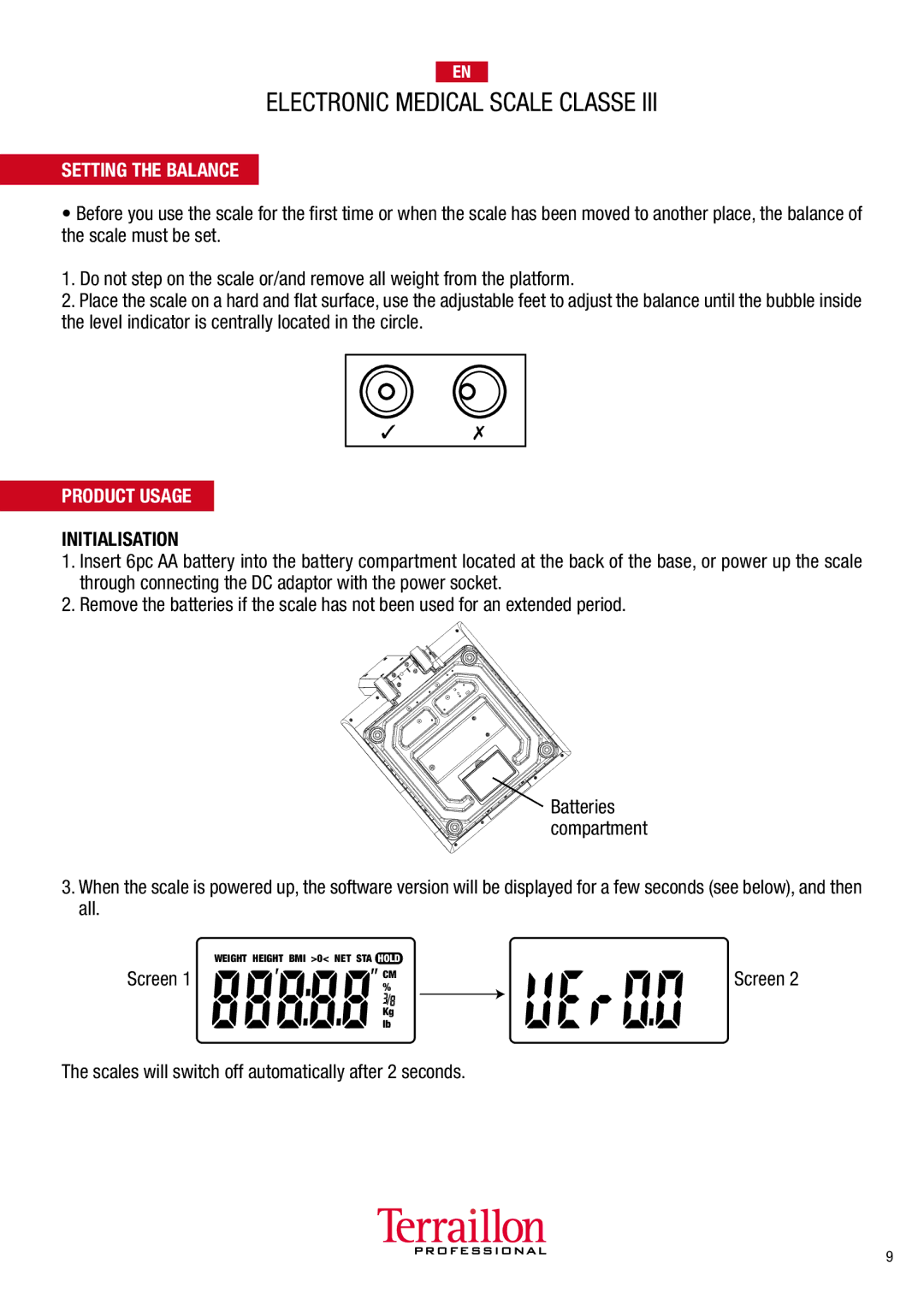 Terraillon TPRO5100 manuel dutilisation Setting the Balance, Product Usage 