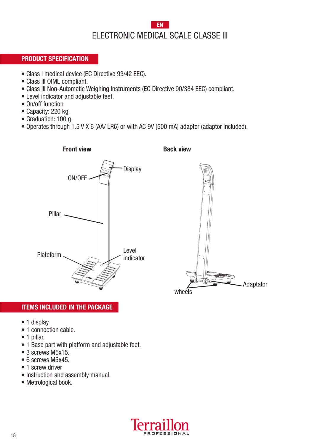 Terraillon TPRO6300 manuel dutilisation Product Specification, Front view, 0ILLAR, Wheels, Items Included in the Package 