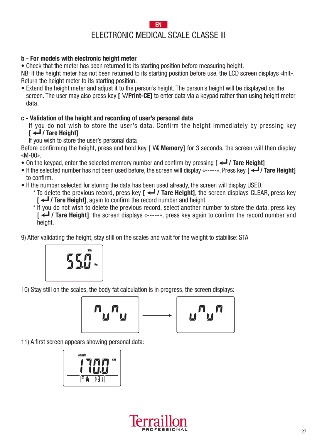 Terraillon TPRO6300 Fyou Wish to Storesthe USERSSPERSONAL Data, Tare Height Again TONCONlRM the Recordrnumber and HEIGHT 