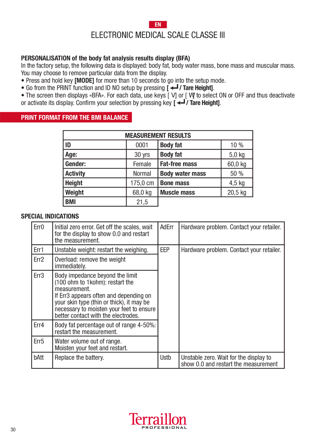 Terraillon TPRO6300 manuel dutilisation Print Format from the BMI Balance, Measurement Results, Bmi, Special Indications 