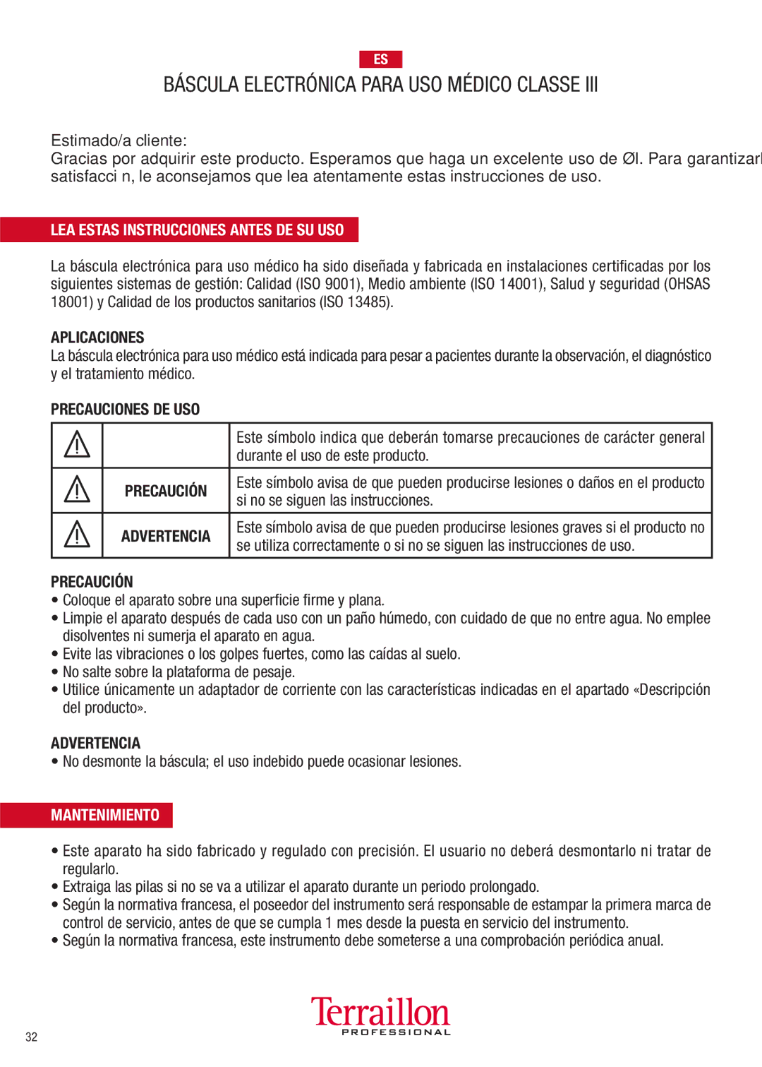 Terraillon TPRO6300 manuel dutilisation LEA Estas Instrucciones Antes DE SU USO, Mantenimiento 