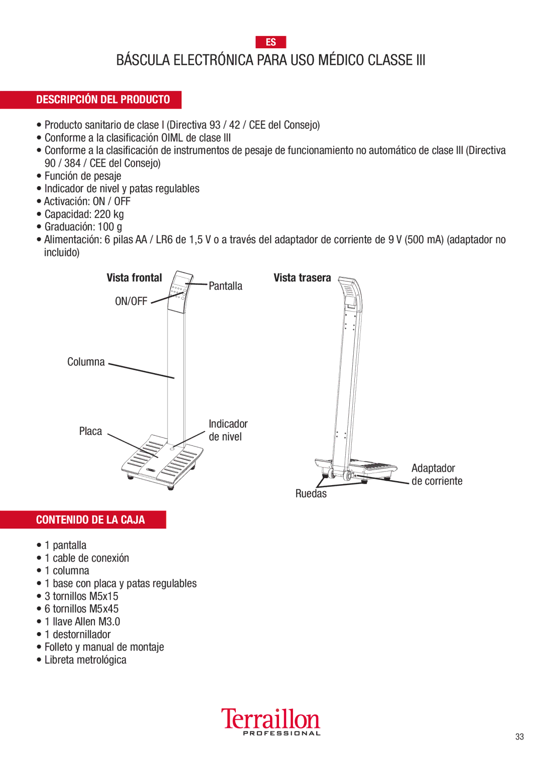 Terraillon TPRO6300 manuel dutilisation Descripción DEL Producto, 0ANTALLA, 0LACA, Contenido DE LA Caja 