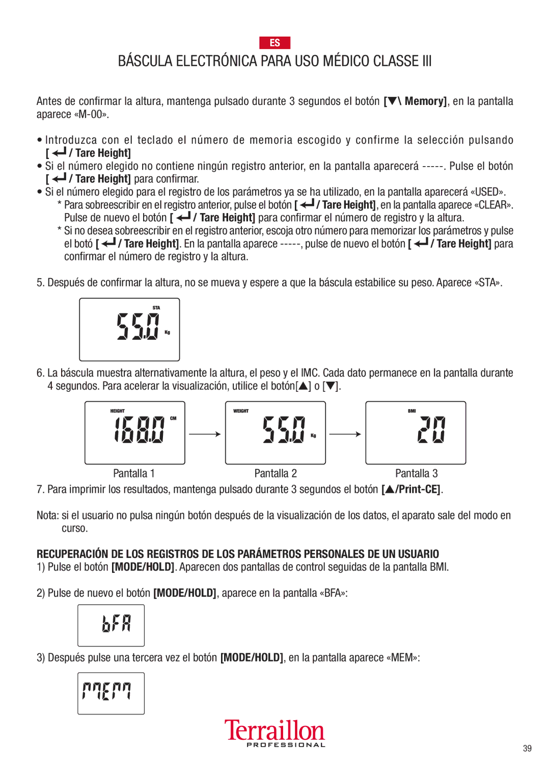 Terraillon TPRO6300 manuel dutilisation Tare Height para conﬁrmar, 0ULSELDE Nuevo EL Botøne 