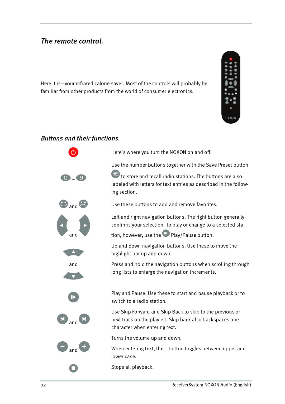 TerraTec Audio manual Remote control, Buttons and their functions 