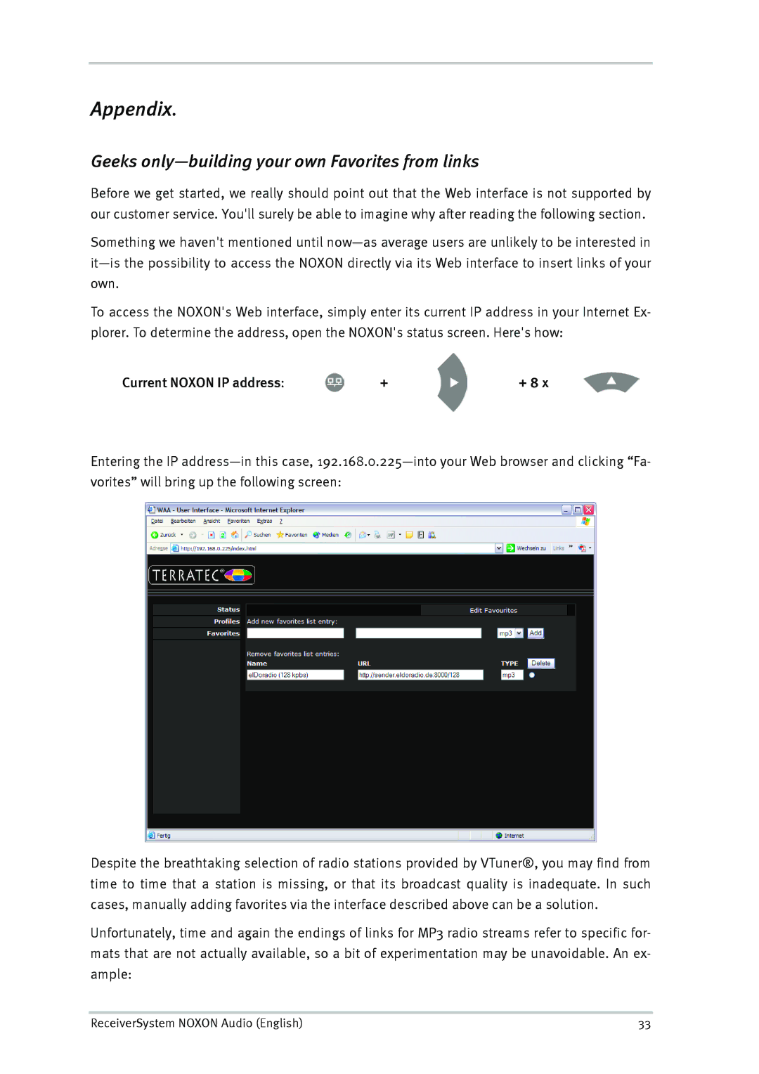 TerraTec Audio manual Appendix, Geeks only-building your own Favorites from links, Current Noxon IP address 