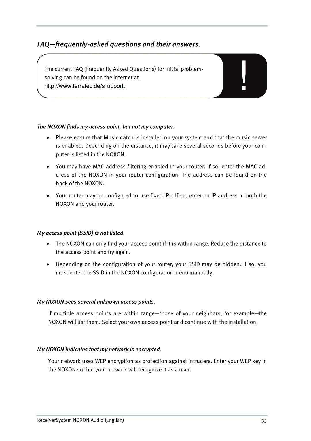 TerraTec Audio manual FAQ-frequently-asked questions and their answers, Noxon finds my access point, but not my computer 