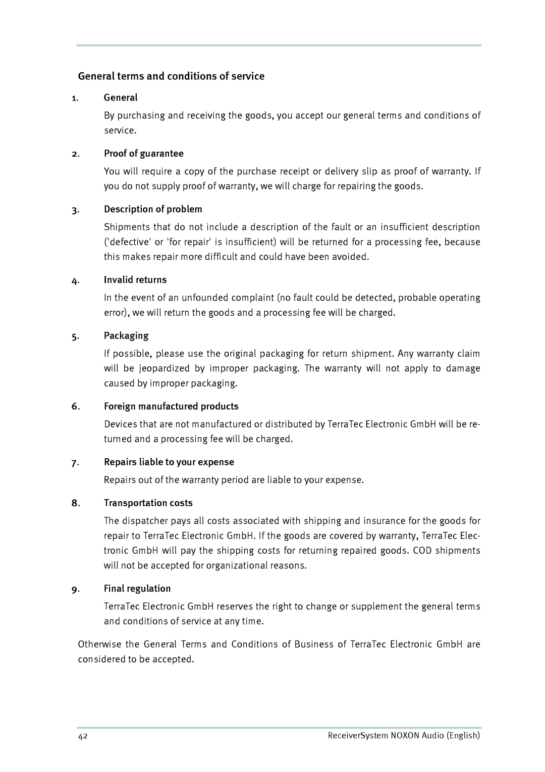 TerraTec Audio manual General, Proof of guarantee, Description of problem, Invalid returns, Packaging, Transportation costs 