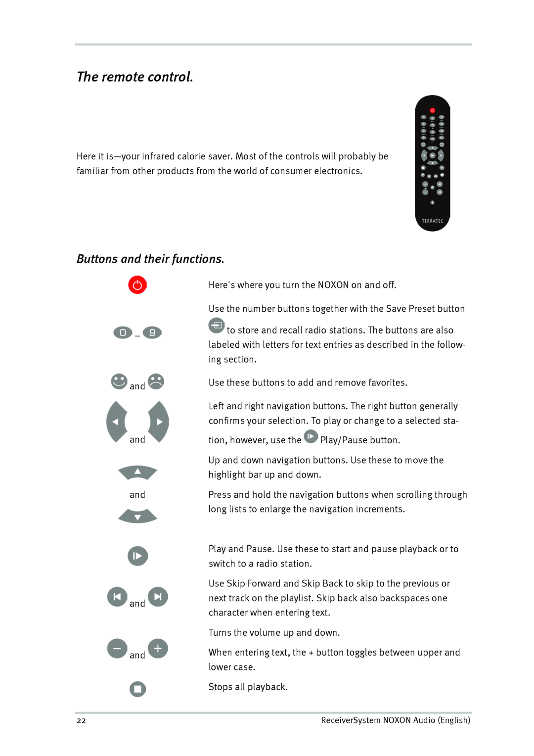TerraTec Audio manual The remote control, Buttons and their functions 
