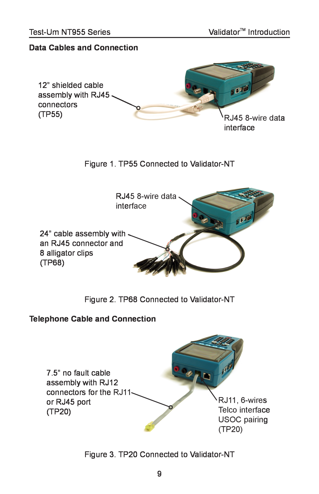 Test-Um NT955 operating instructions Data Cables and Connection, Telephone Cable and Connection 