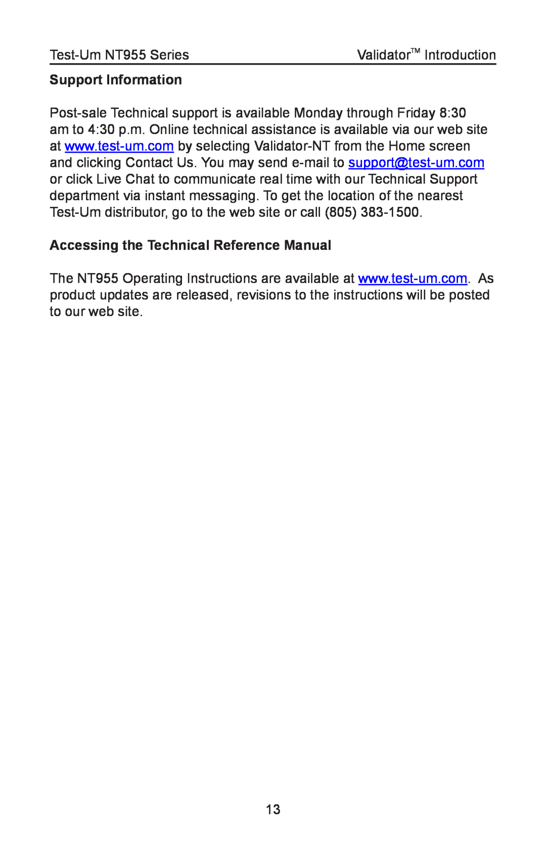 Test-Um Support Information, Accessing the Technical Reference Manual, Test-Um NT955 Series, ValidatorTM Introduction 