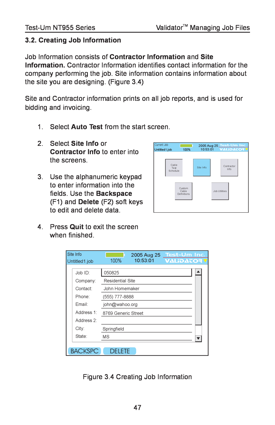 Test-Um NT955 operating instructions Creating Job Information, Contractor Info to enter into, Backspc, Delete 