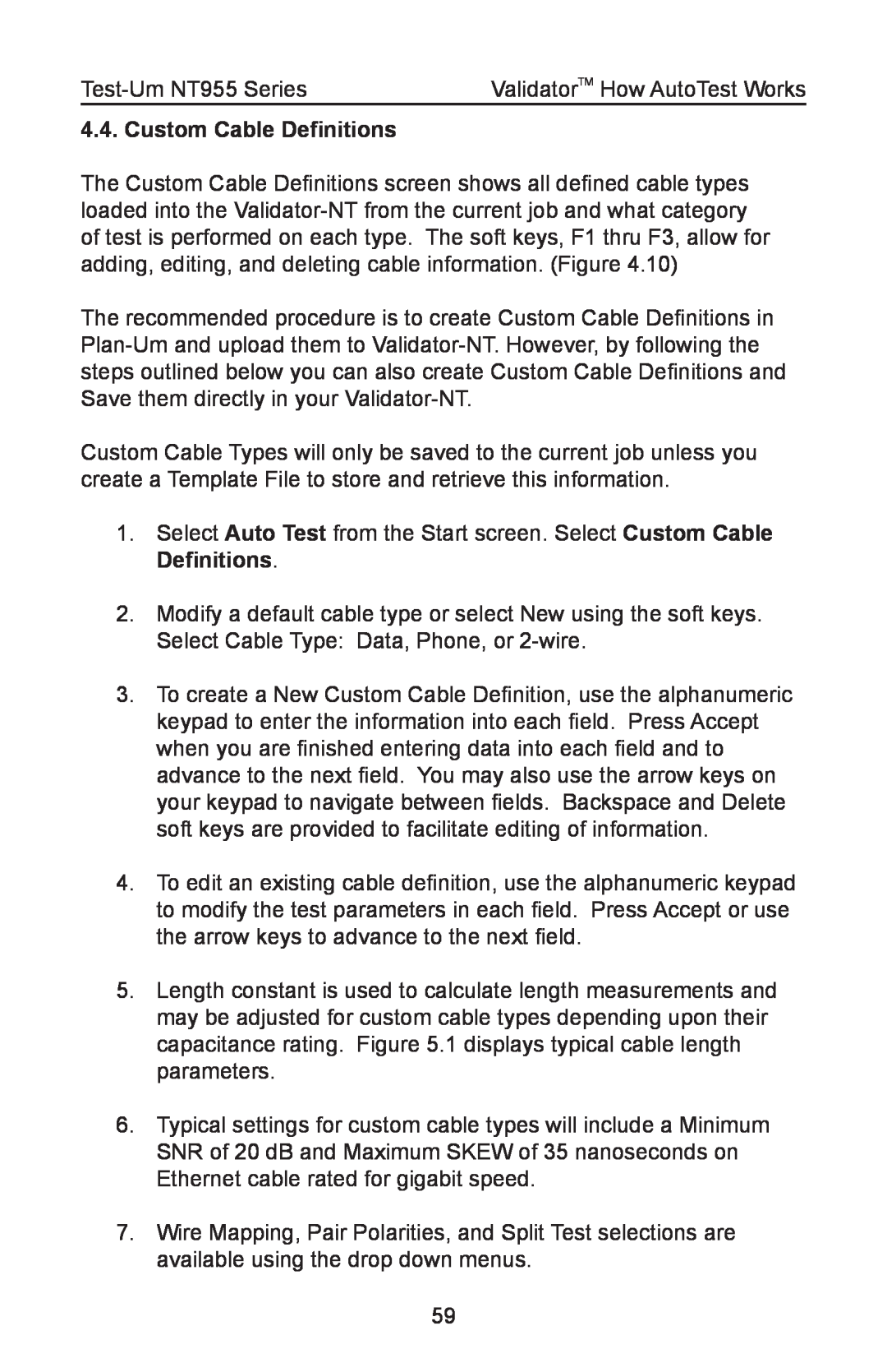 Test-Um NT955 operating instructions Custom Cable Definitions 