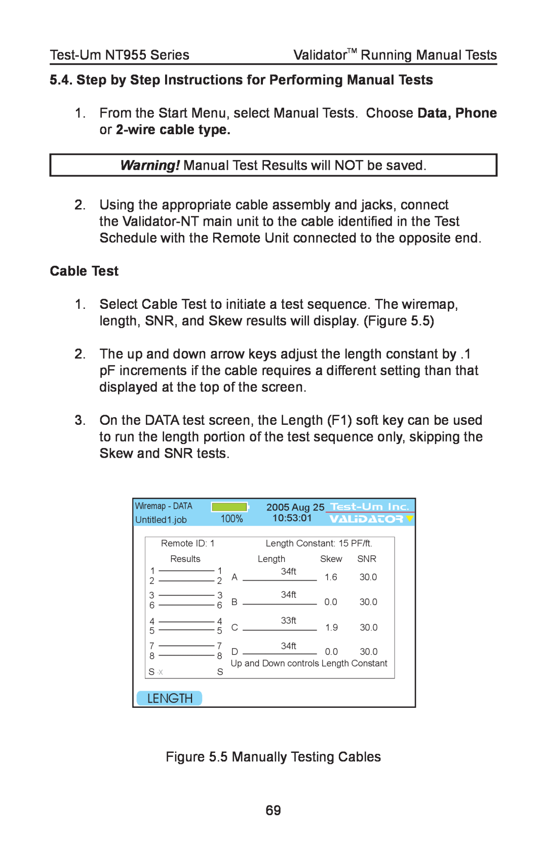 Test-Um NT955 operating instructions Step by Step Instructions for Performing Manual Tests, Cable Test, Length 