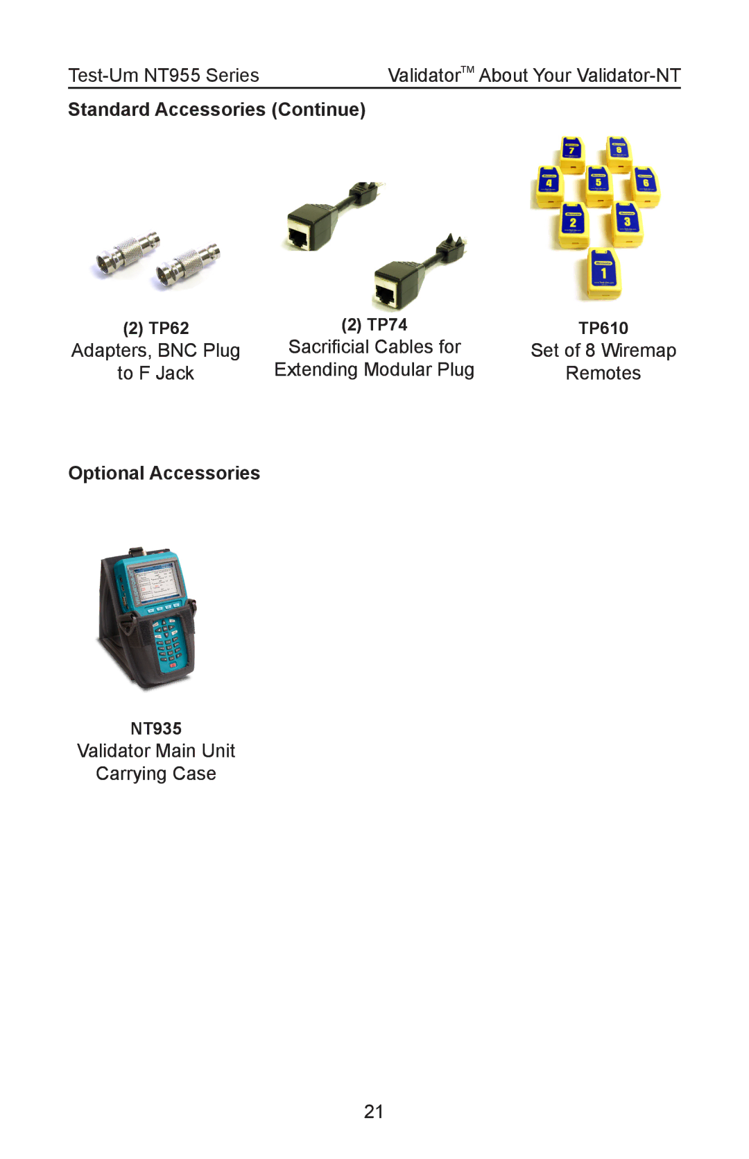 Test-Um NT955 operating instructions Standard Accessories Continue, Optional Accessories 