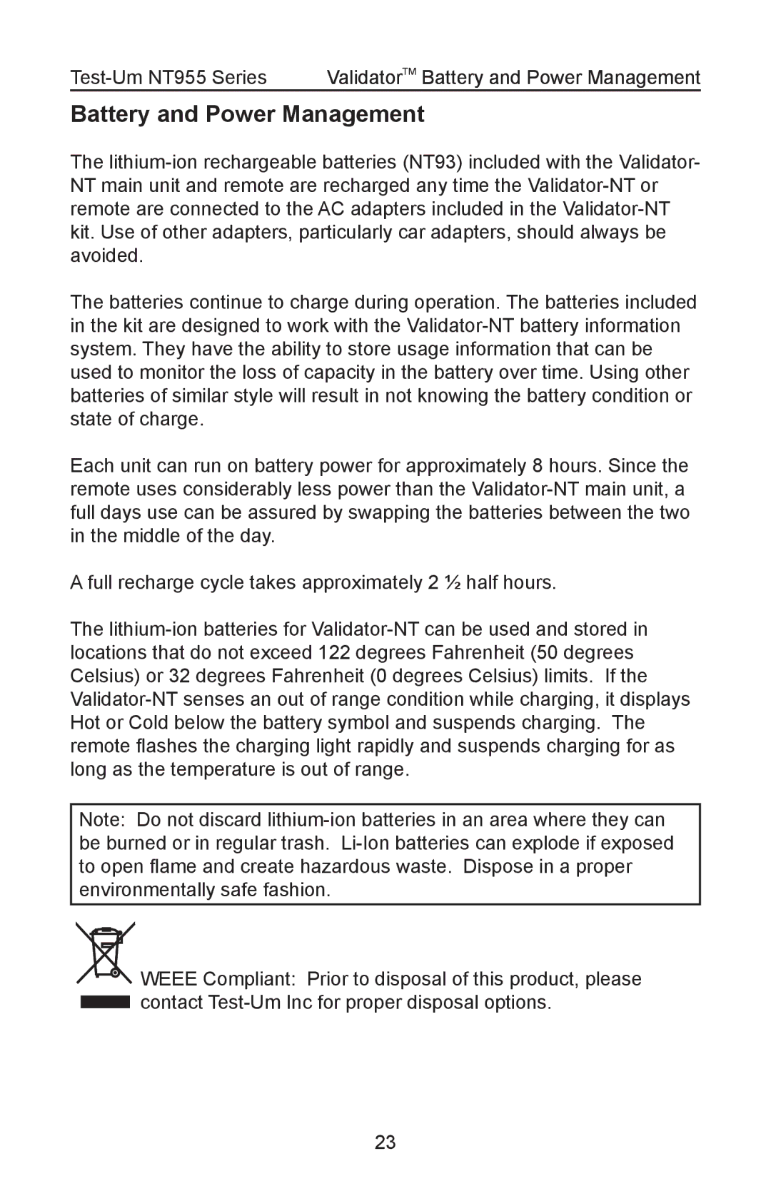 Test-Um NT955 operating instructions Battery and Power Management 