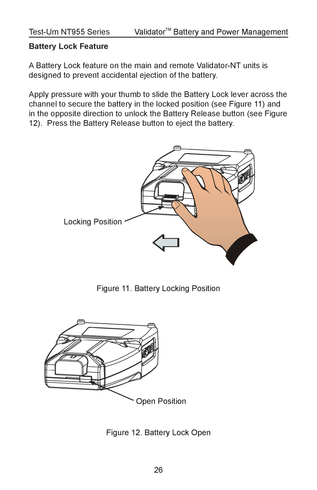 Test-Um NT955 operating instructions Battery Lock Feature, Battery Locking Position Open Position 