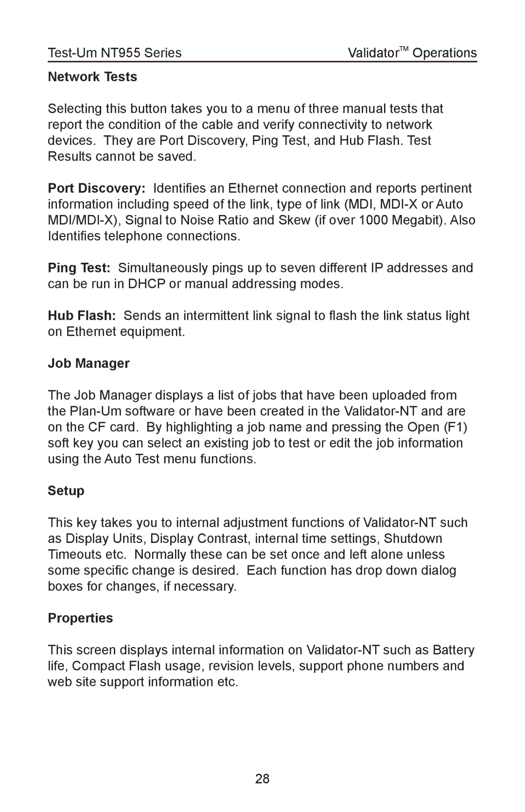 Test-Um NT955 operating instructions Network Tests, Job Manager, Setup, Properties 