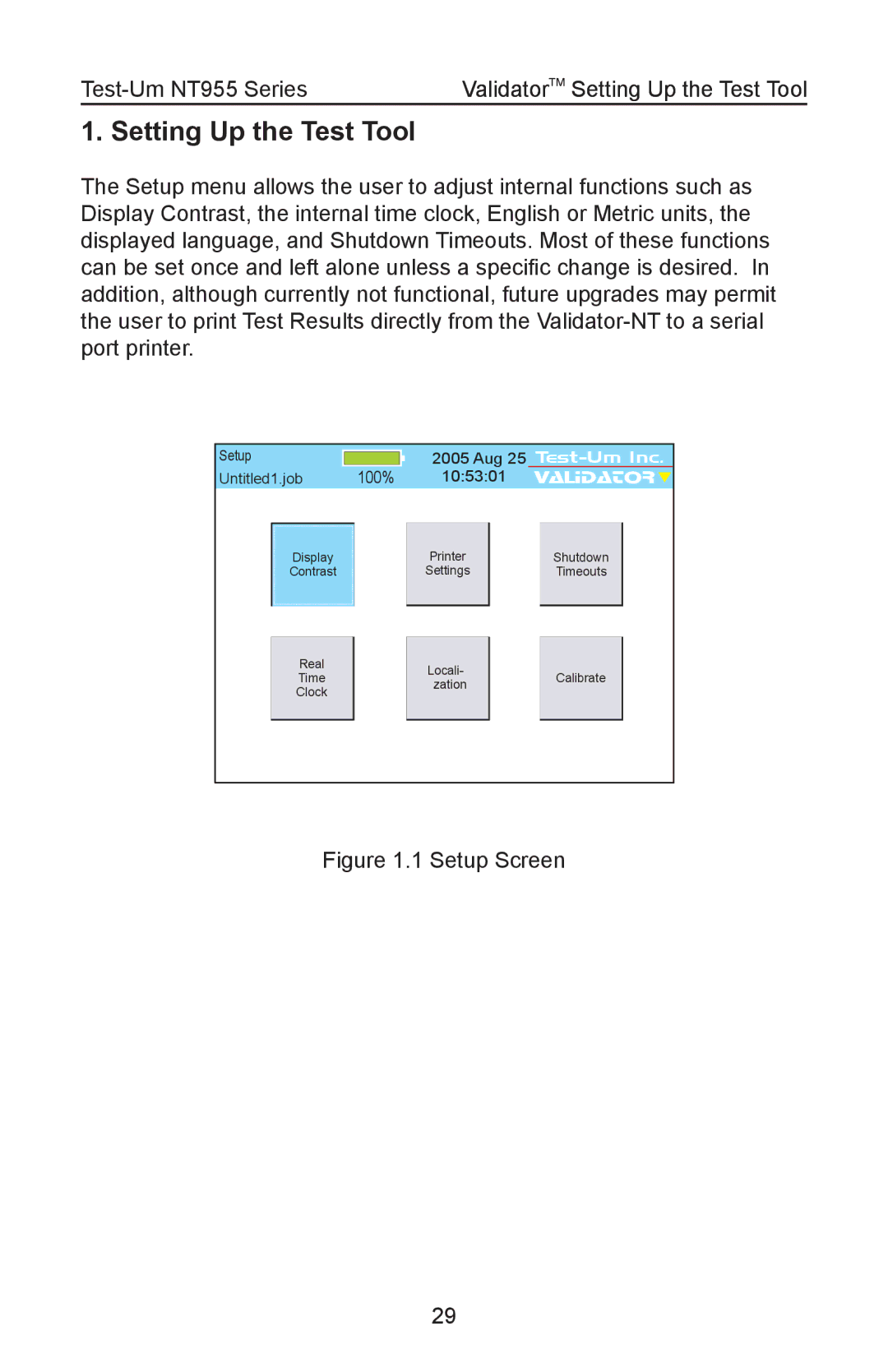 Test-Um NT955 operating instructions Setup Screen 