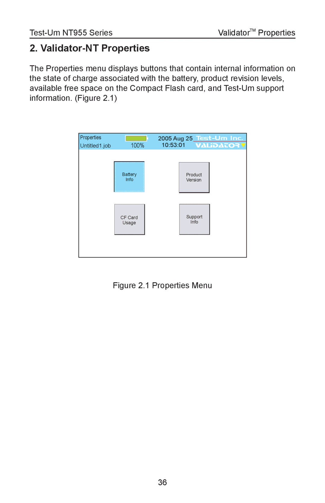 Test-Um NT955 operating instructions Properties Menu 