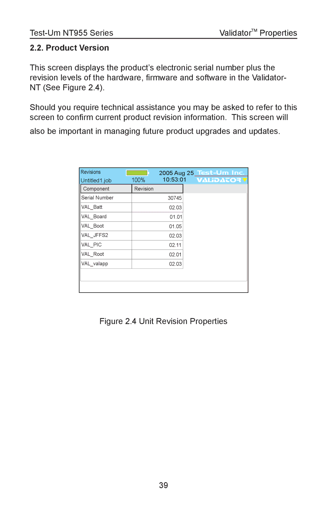 Test-Um NT955 operating instructions Product Version, Unit Revision Properties 