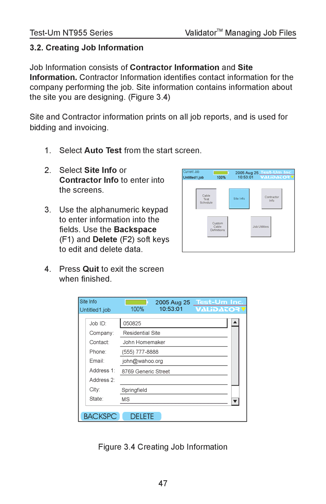 Test-Um NT955 operating instructions Creating Job Information, Contractor Info to enter into 