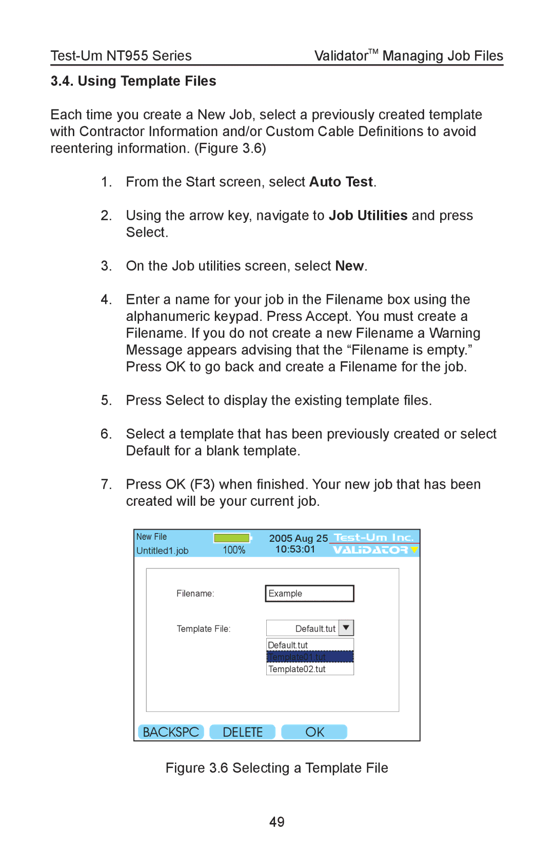 Test-Um NT955 operating instructions Using Template Files, Selecting a Template File 