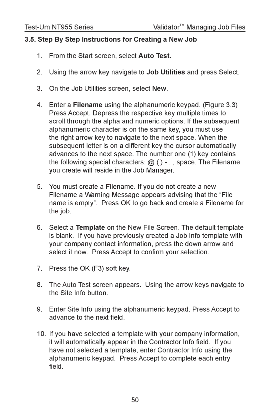 Test-Um NT955 operating instructions Step By Step Instructions for Creating a New Job 