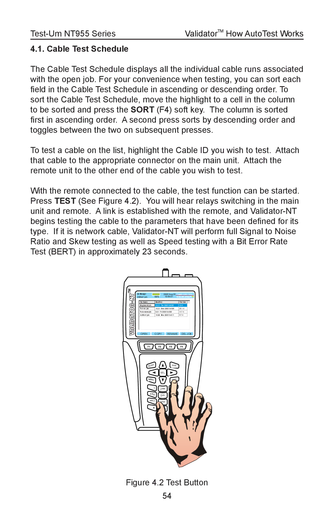 Test-Um NT955 operating instructions Cable Test Schedule, Validator 