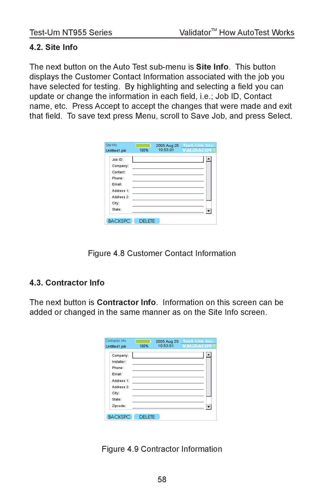 Test-Um NT955 operating instructions Site Info, Contractor Info 