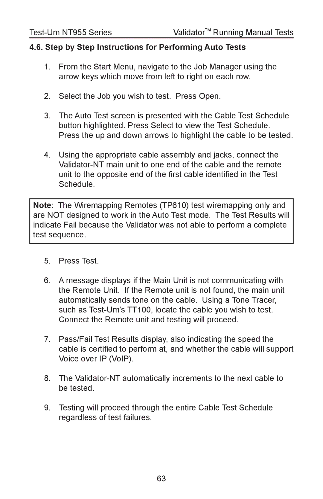 Test-Um NT955 operating instructions Step by Step Instructions for Performing Auto Tests 