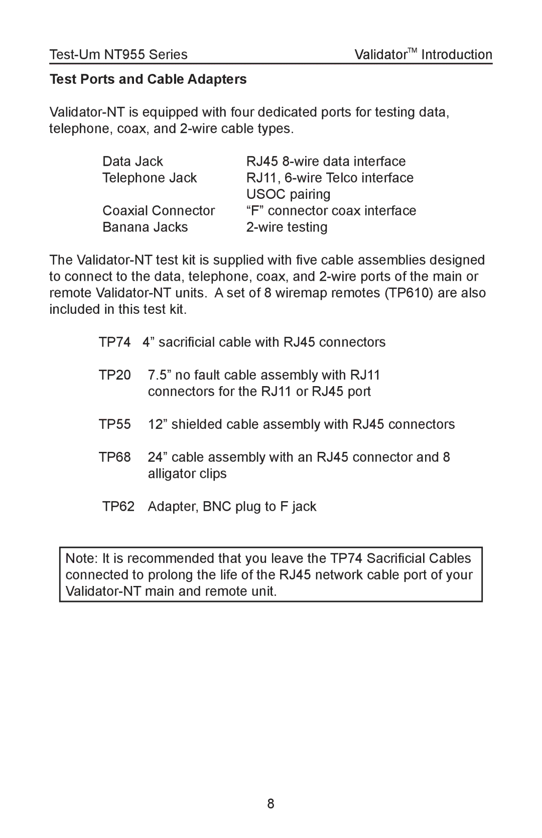 Test-Um NT955 operating instructions Test Ports and Cable Adapters 