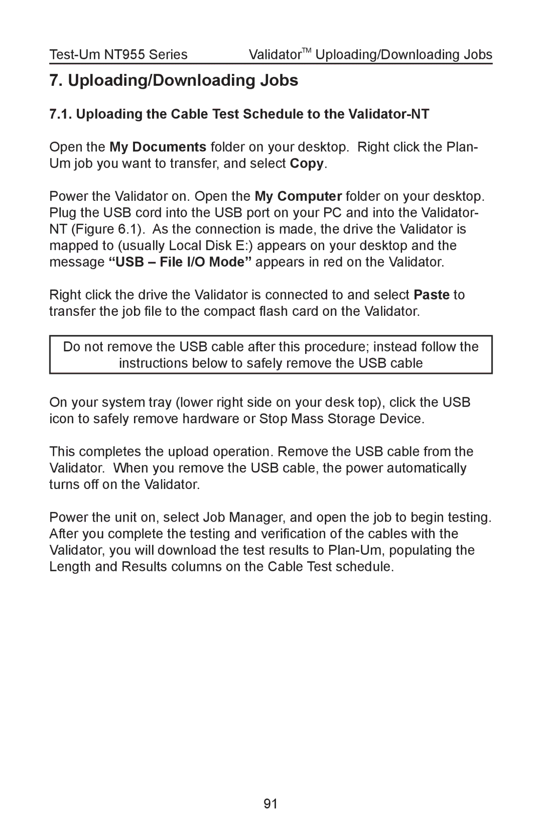 Test-Um NT955 operating instructions Uploading the Cable Test Schedule to the Validator-NT 