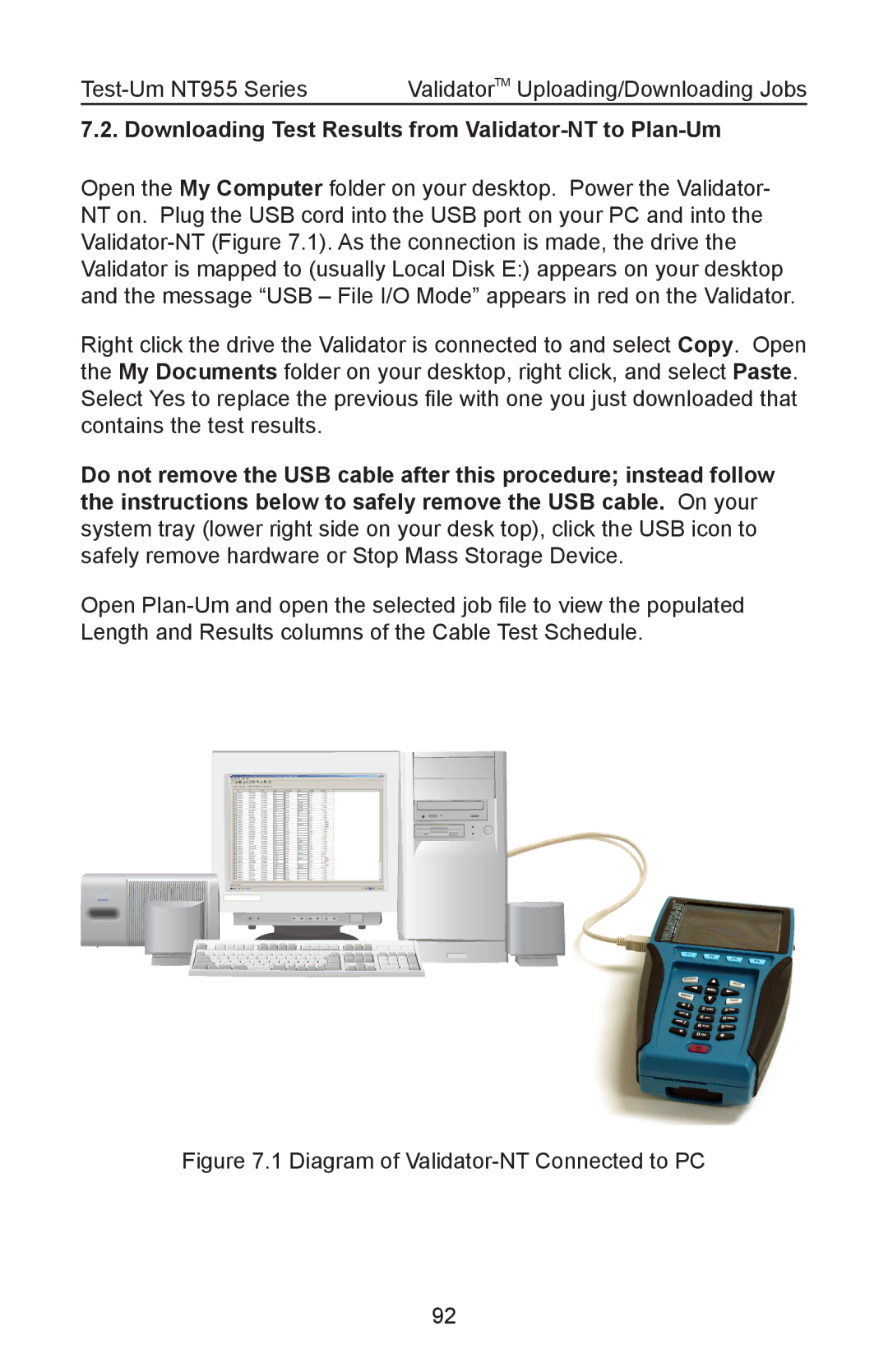 Test-Um NT955 Downloading Test Results from Validator-NT to Plan-Um, Diagram of Validator-NT Connected to PC 