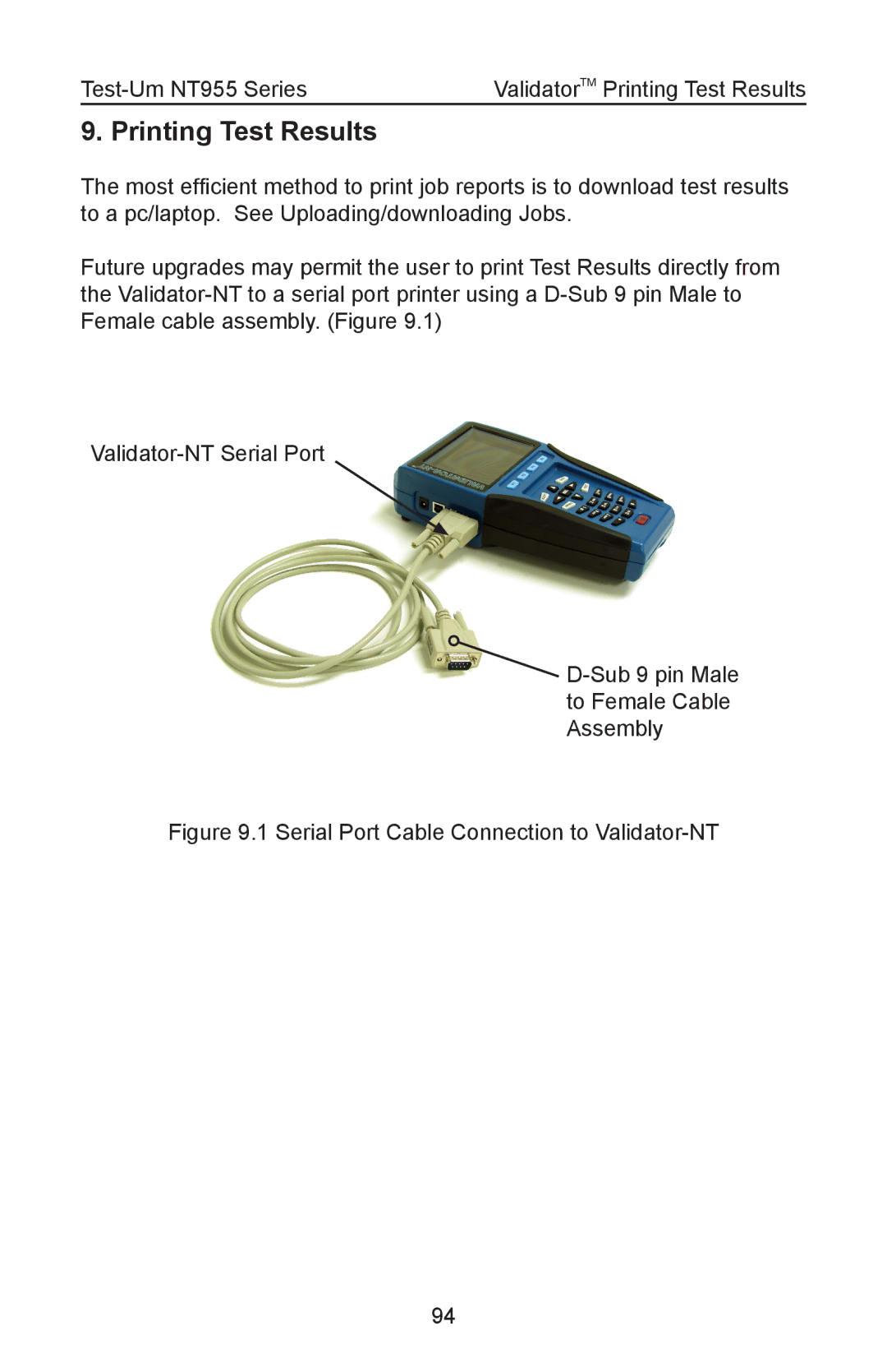 Test-Um NT955 operating instructions Serial Port Cable Connection to Validator-NT 