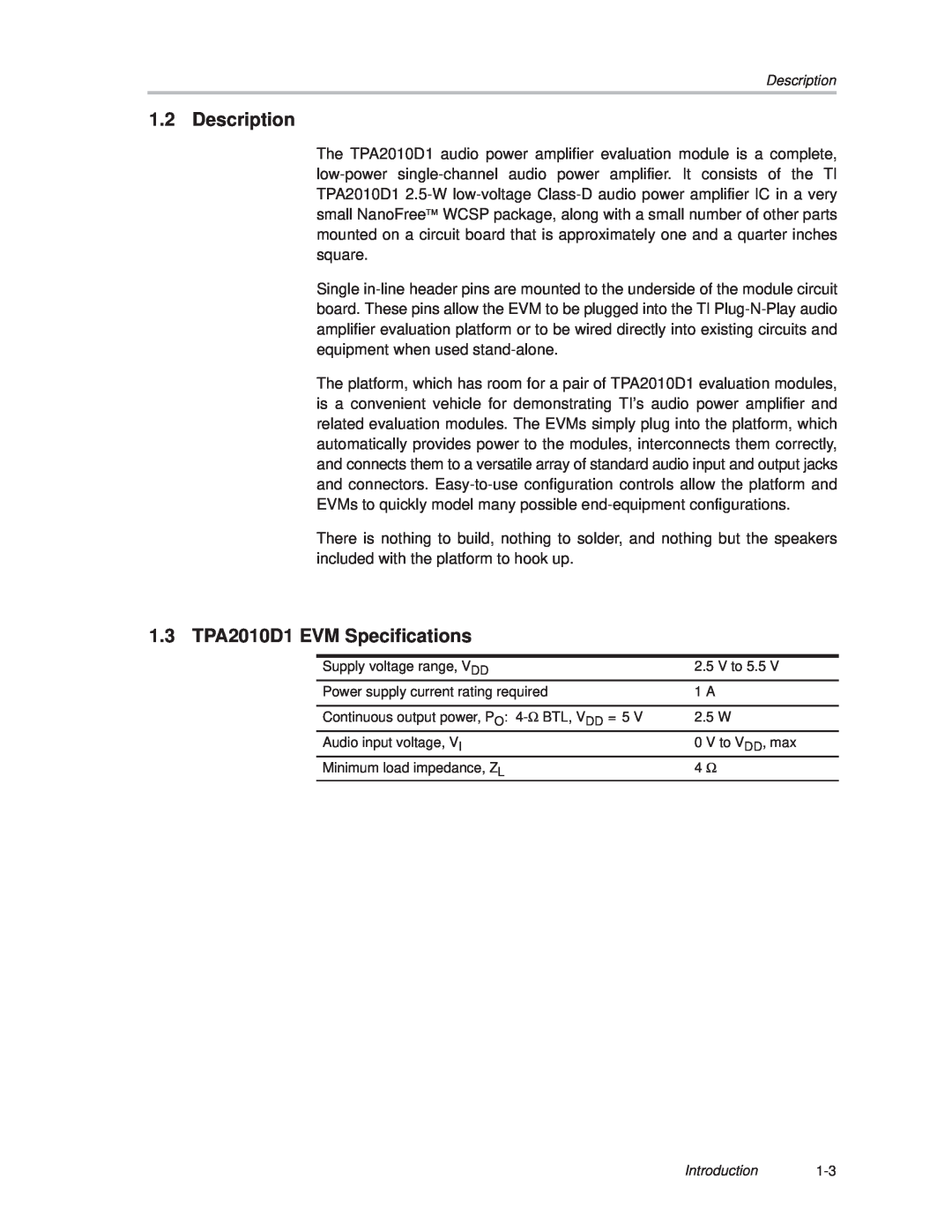 Texas Instruments 2004 manual Description, 1.3 TPA2010D1 EVM Specifications 