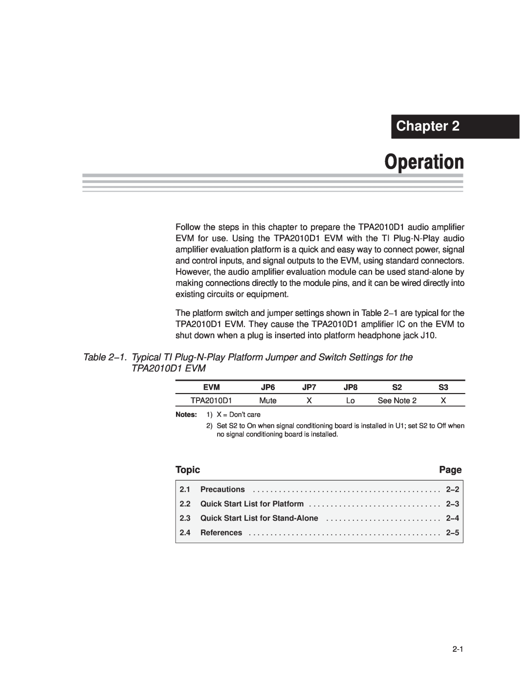 Texas Instruments 2004 manual Operation, Chapter, Page, Topic 