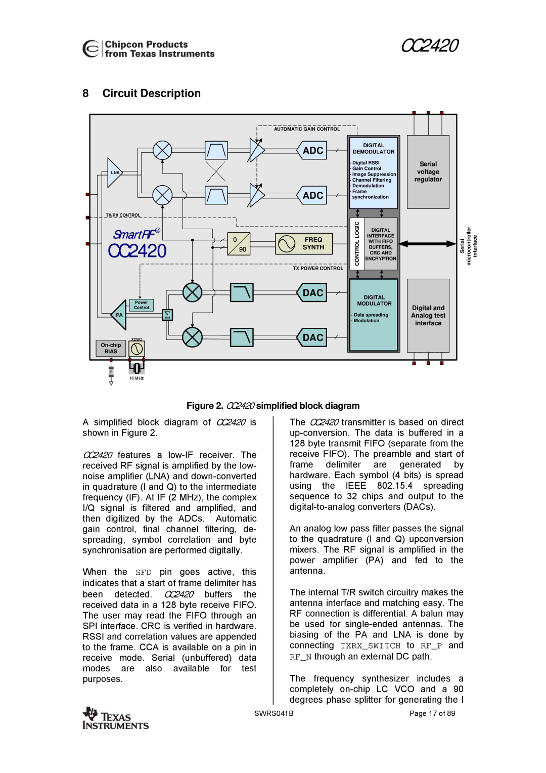 Texas Instruments 3138 155 232931 manual Circuit Description, CC2420 simplified block diagram 