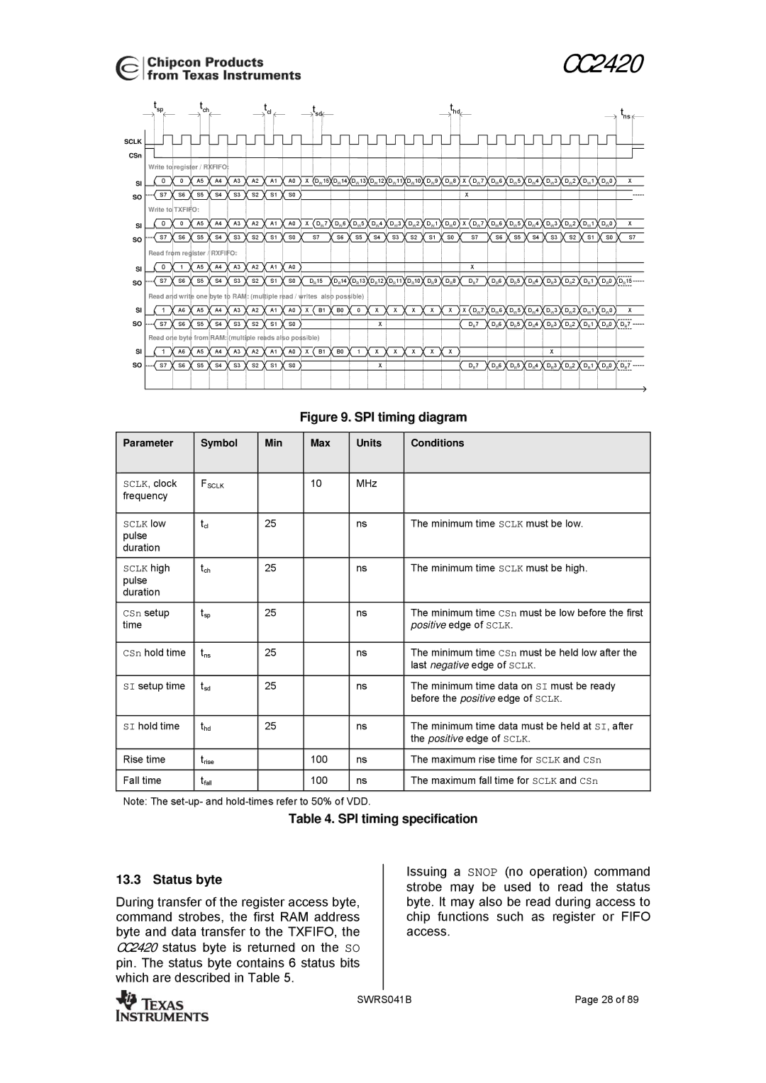 Texas Instruments 3138 155 232931 manual SPI timing specification Status byte, Parameter Symbol Min Max Units Conditions 