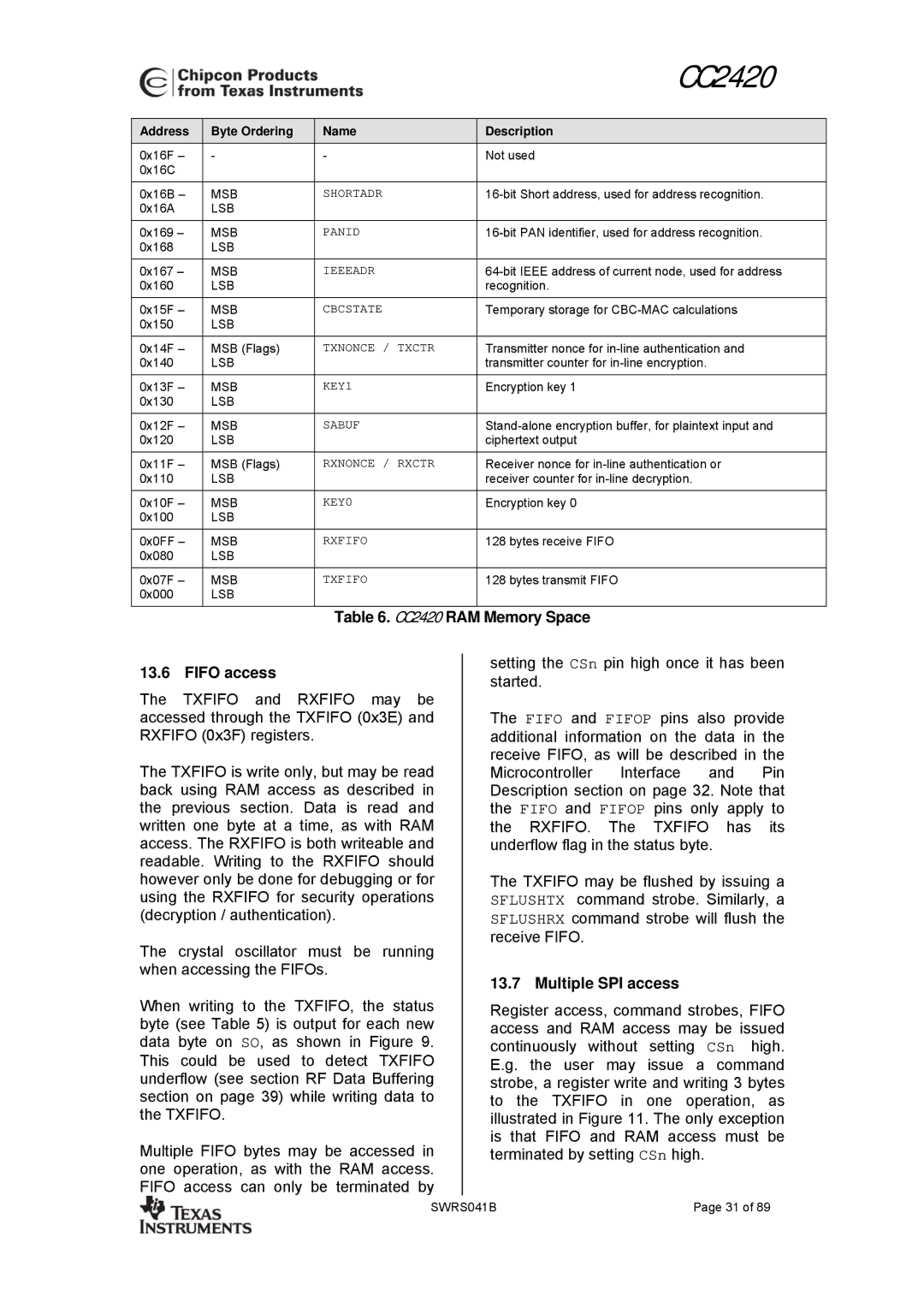 Texas Instruments 3138 155 232931 manual CC2420 RAM Memory Space Fifo access, Multiple SPI access 