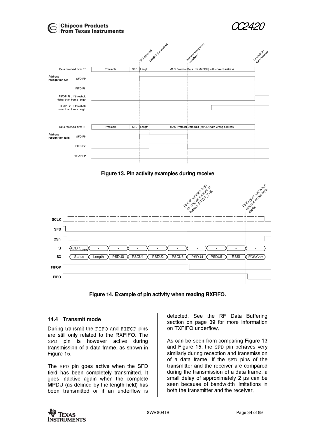 Texas Instruments 3138 155 232931 manual Pin activity examples during receive 