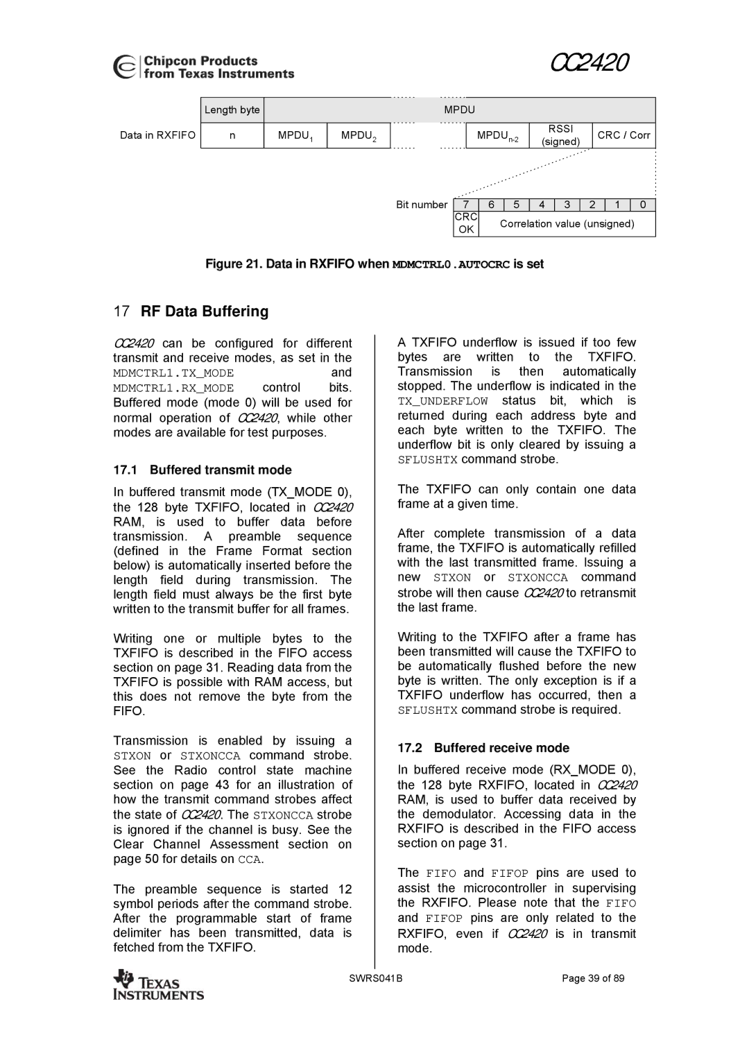 Texas Instruments 3138 155 232931 manual RF Data Buffering, Buffered transmit mode, Buffered receive mode 