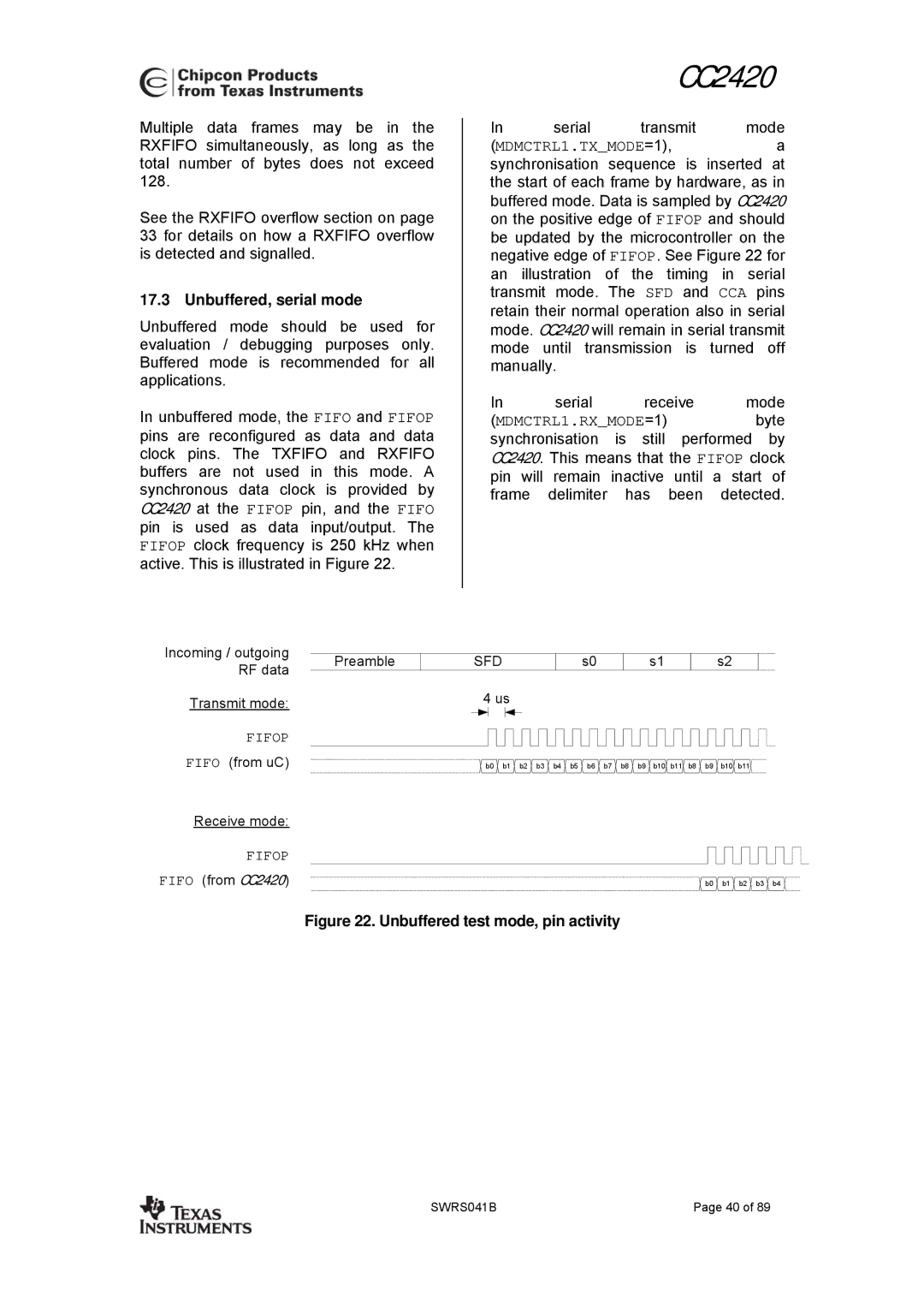 Texas Instruments 3138 155 232931 manual Unbuffered, serial mode, Fifop 