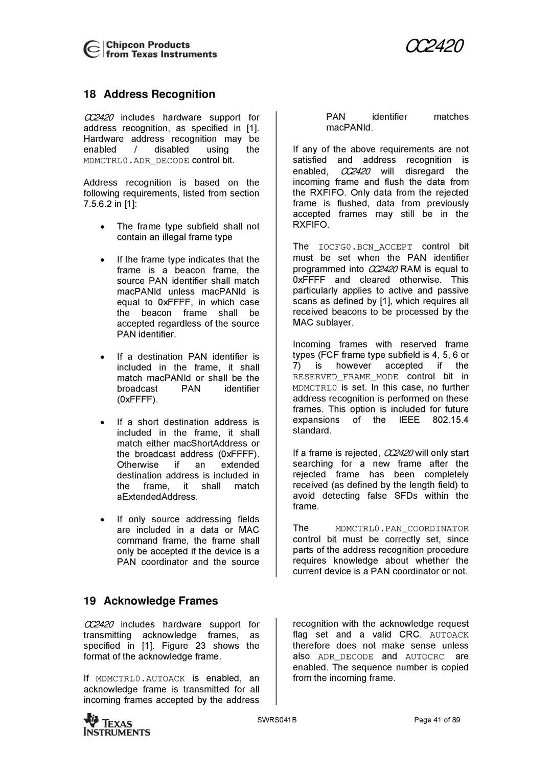 Texas Instruments 3138 155 232931 manual Address Recognition, Acknowledge Frames 