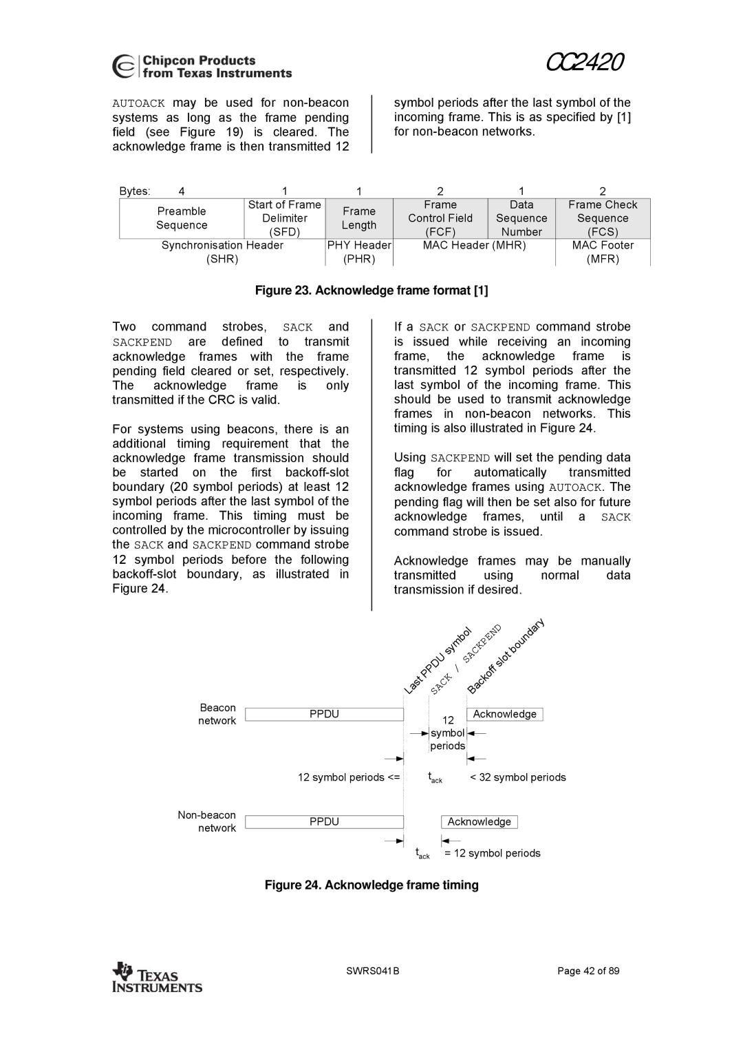 Texas Instruments 3138 155 232931 manual Acknowledge frame format 