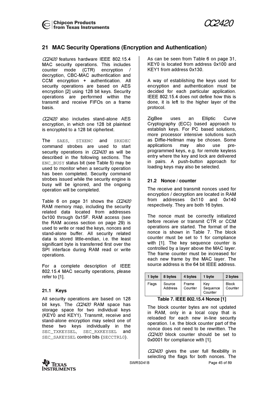 Texas Instruments 3138 155 232931 MAC Security Operations Encryption and Authentication, Keys, Nonce / counter, Byte Bytes 