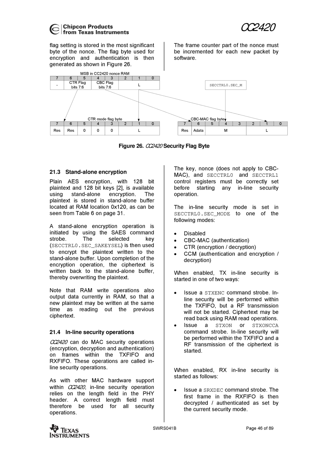 Texas Instruments 3138 155 232931 manual CC2420 Security Flag Byte Stand-alone encryption, In-line security operations 