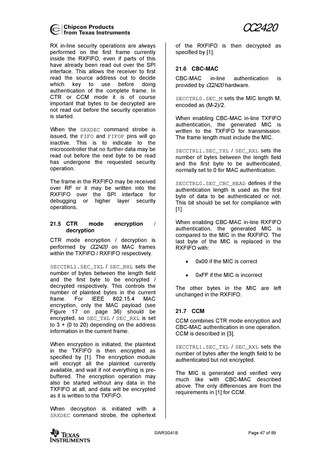 Texas Instruments 3138 155 232931 manual CTR mode encryption / decryption, Cbc-Mac, 21.7 CCM 