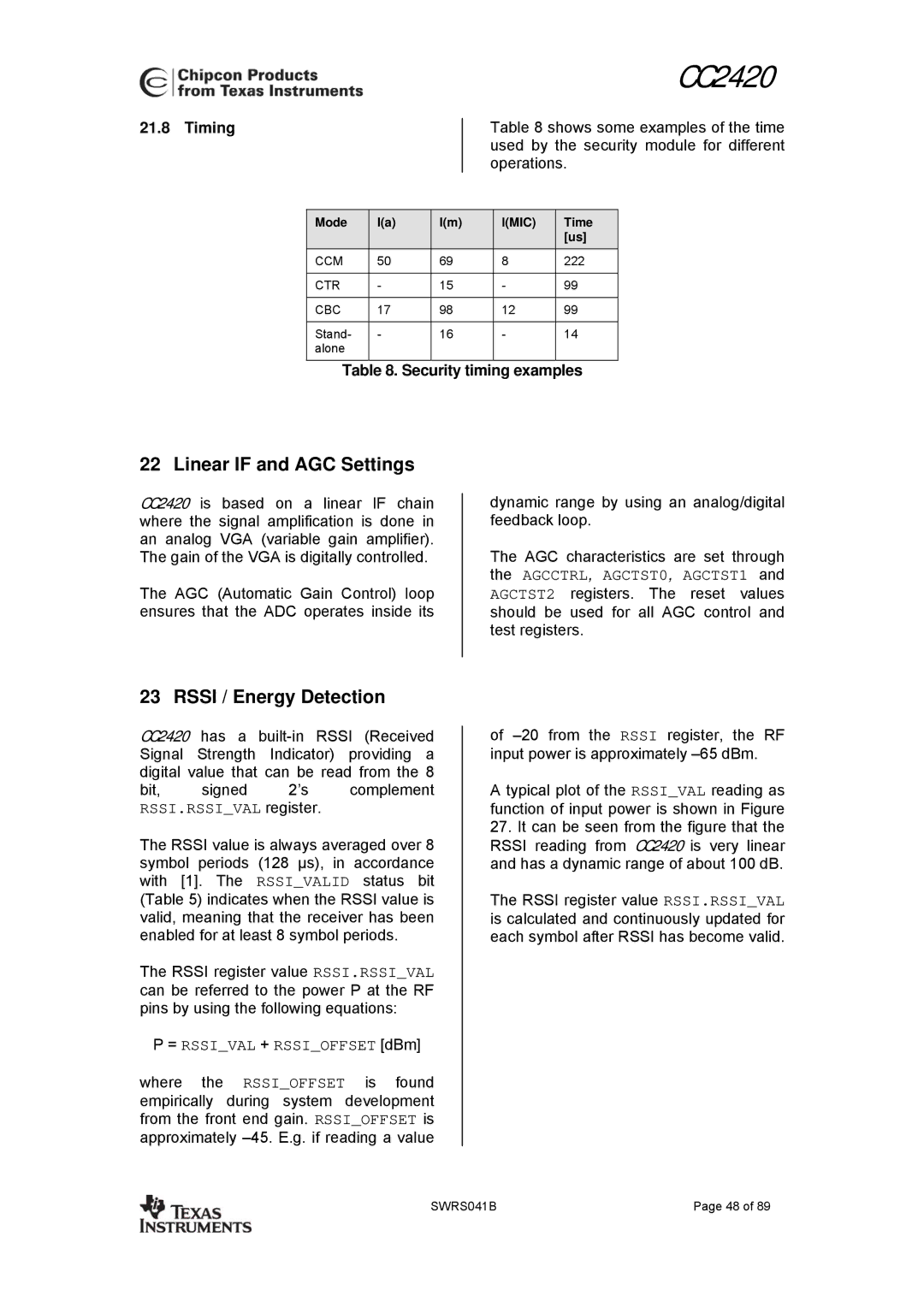 Texas Instruments 3138 155 232931 Linear if and AGC Settings, Rssi / Energy Detection, Timing, Security timing examples 